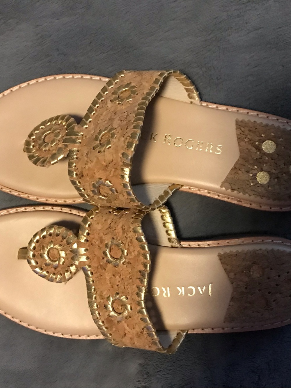 Jack Rogers Gold-Trim Cork Slide Sandals, Sz 8